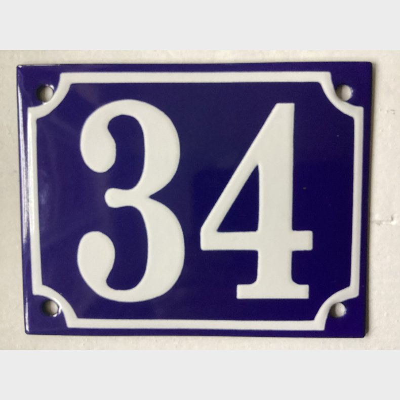 Emalje husnummer nr. 34 - bl/hvid
