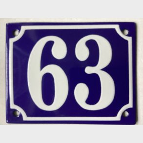 Emalje husnummer nr. 63 - bl�/hvid