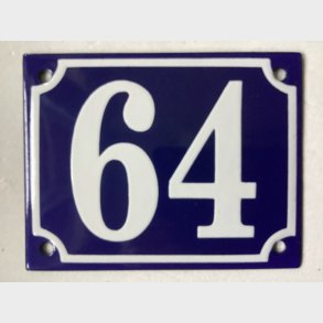 Emalje husnummer nr. 64 - bl�/hvid