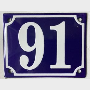 Emalje husnummer nr. 91 - bl�/hvid