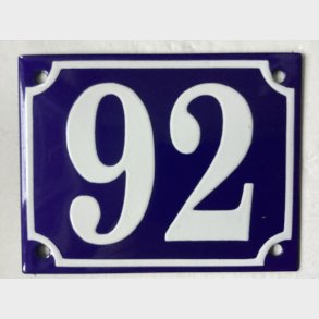 Emalje husnummer nr. 92 - bl�/hvid